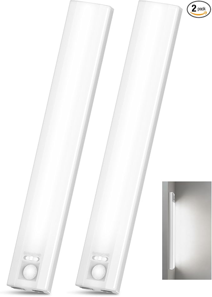 10inch Under Cabinet Lighting, 68 LED Rechargeable Motion Sensor Light Indoor, 6 Levels Dimmable Magnetic Closet Lights, Wireless Under Counter Lights for Kitchen, Stairs, Bedroom, 2-Pack Daylight