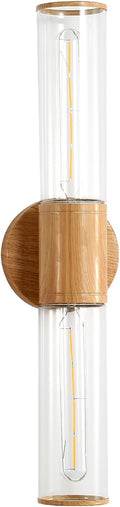 Bathroom Vanity Lighting Fixture, 2-Light Wood Grain Wall Sconce Light Fixture with Clear Glass, E26 Socket Indoor Wall Lamp, Modern Wall Sconce for Mirror Living Room