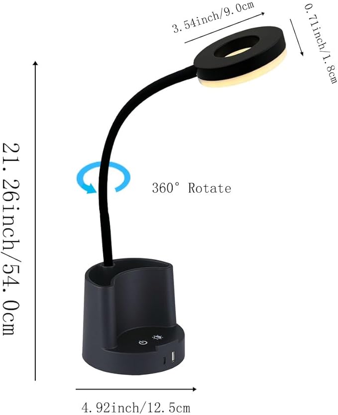 HomeFocus LED Desk Lamp,Eye-Caring Dimmable Reading Light,RGB Night Light,Student Lamp,Lamp,Table Lamp,Metal Flexible Gooseneck Lamp,Desk Lamp for Home,Office,Gift for Kids,Students,Women,Black.