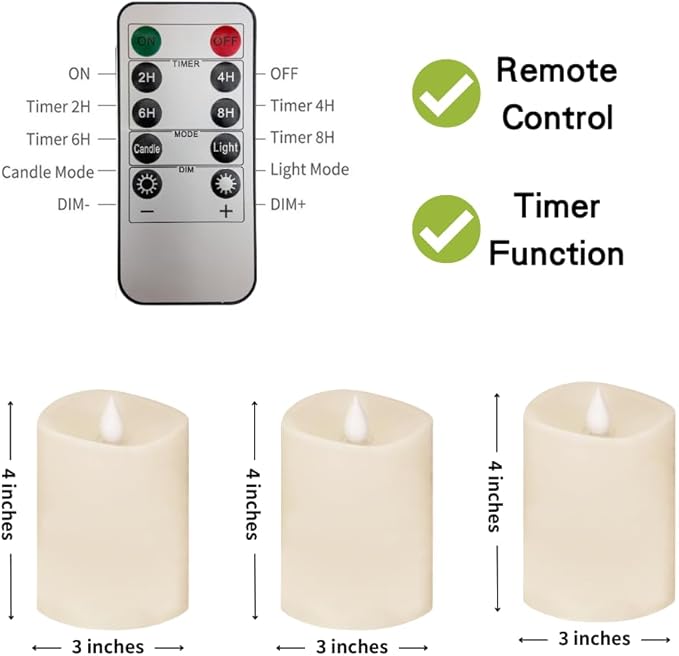 3x4 Flickering Flameless Candles Set of 3,4 inch Real Wax LED 600 Hours Battery Candles with Timer Remote,Control for Wedding Party Indoor,Ivory