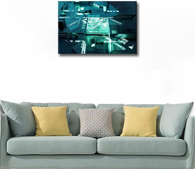 TUMOVO Glowing CPU Wall Decor for Bedroom Living Room AI Wall Art Paintings CPU Concept Pictures Canvas Modern Wall Artwork Home Decorations Office Wall Art Framed Ready to Hang - 24x16in