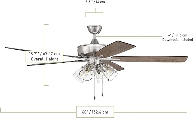 Craftmade S104BNK5-60DWGWN Super Pro 60" Ceiling Fan with LED Lights & Pull Chain, 5 Reversible Driftwood/Grey Walnut MDF Blades, Brushed Polished Nickel