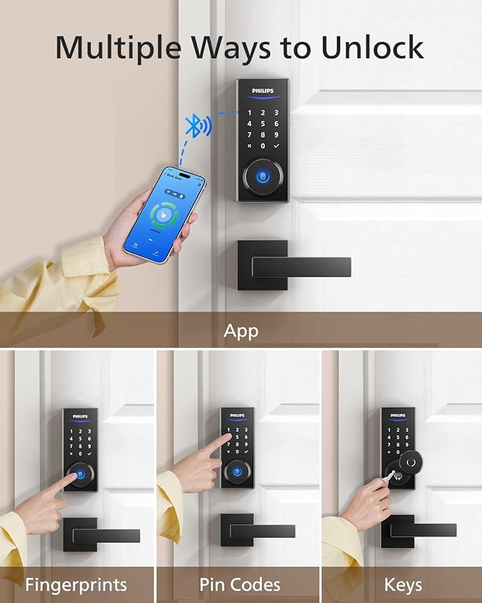 Philips Smart Lock with Handles, Keyless Entry Door Lock Set, Keypad Door Lock with 2 Level Handles, Digital Keypad Deadbolt for Front Door, App Fingerprint PIN Code Unlocking, Auto Locking