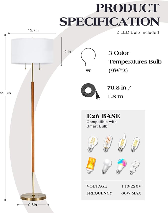 ELYONA 2-Light Wood Floor Lamp for Bedroom Mid Century Modern Standing Lamp 3 Color Temperatures 9W LED Bulbs Include White Fabric Shade Tall Pole Corner Light for Living Room Office, Brushed Brass