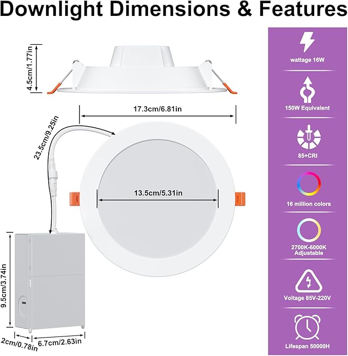 Smart Recessed Lighting 6 Inch RGBCW Color Changing 16W LED Recessed Ceiling Light with Junction Box,1350LM Canless LED Downlight Compatible with Alexa,Dimmable by Bluetooth Control,6 Pack