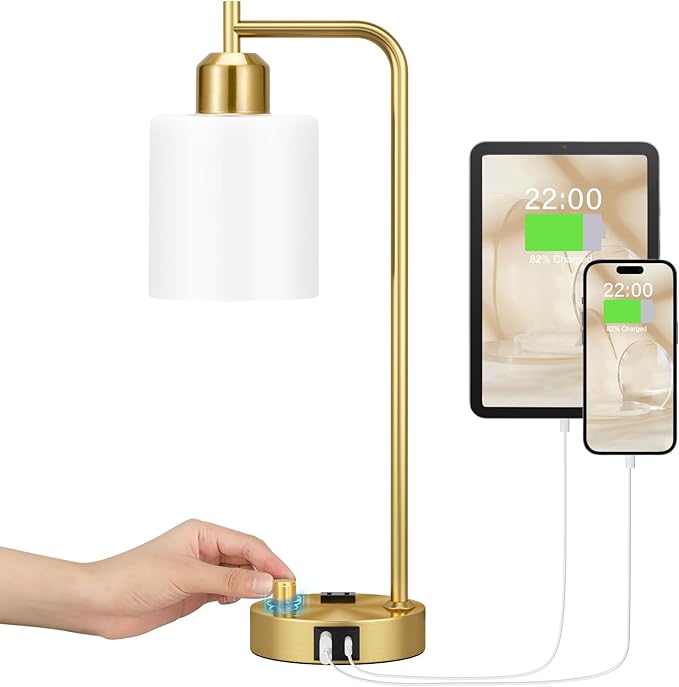 Innqoo Gold Lamp for Bedroom - Industrial Bedside Table Lamp with USB Port and Outlet, Fully Dimmable Nightstand Lamp with Opal Glass Shade, Small Desk Lamps for Home Office