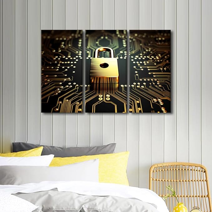 3 Panel Modern Wall Art Data Security Concept Pictures Print on Canvas for Living Room Bedroom Bathroom Wall Decoration, Wooden Framed Gallery-Wrapped Ready to Hang, 36" Wx24 H