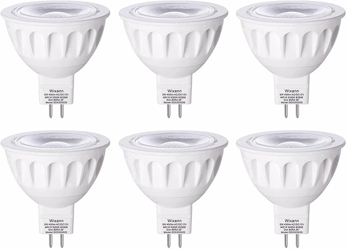 Wixann MR16 LED Bulbs Dimmable, 5W 3000K Soft Warm White, 450LM, 12-Volt Gu5.3 Bi-Pin Base, 40 Degree Spot Lighting for Indoor. 6 Pack
