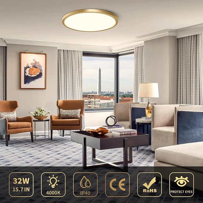 15.7Inch Gold Flush Mount Ceiling Light Fixture , 32W(320W Equivalent), 3800LM, 4000K Natural White, IP40, Flat Modern Round LED Ceiling Lights for Bedrooms, Living Rooms, Bathrooms, Stairwells, etc.