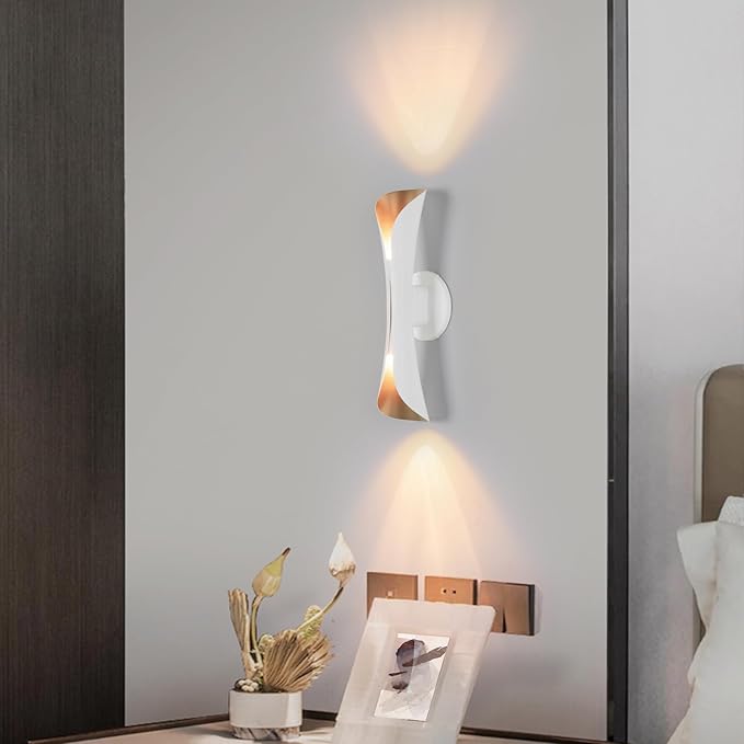 Tubicen Wall Sconces Dimmable Mid Century Theater Room Sconce Lights Up and Down Hardwired Modern Indoor Elegant Wall Lights for Living Room Bedroom Hallway Stair 15.7" H White and Gold