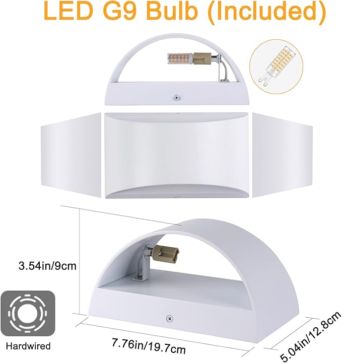 White Modern LED Wall Sconce (with G9 Bulbs) Hardwired Indoor Wall Lights Set of 2 Up and Down Wall Mount Light for Hallways, Bedrooms, Hallways, Living Room 3000K Warm White