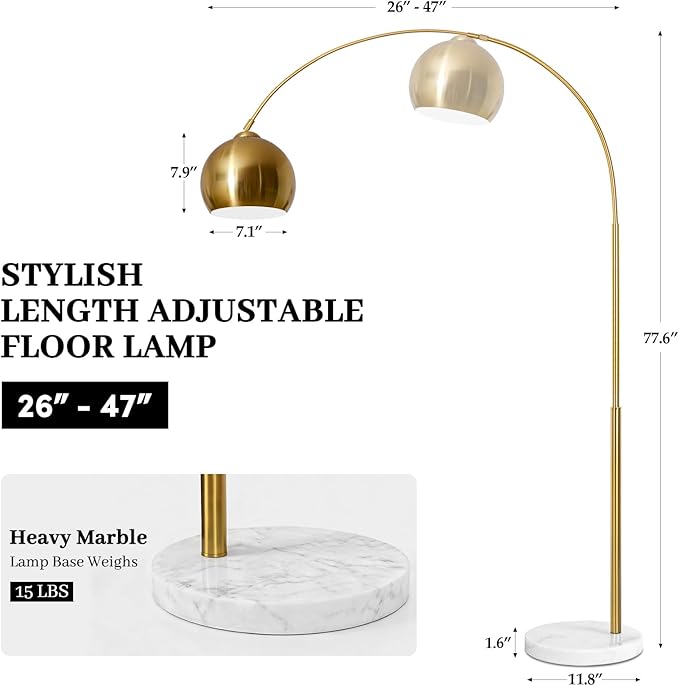 77” Arc Floor Lamp for Living Room, Upgraded Gold Standing Lamp with Remote, 3 Color Temperatures & Brightness Adjustable, Modern Arched Floor lamp for Bedroom,Office, Antique Brass, LED Bulb Included