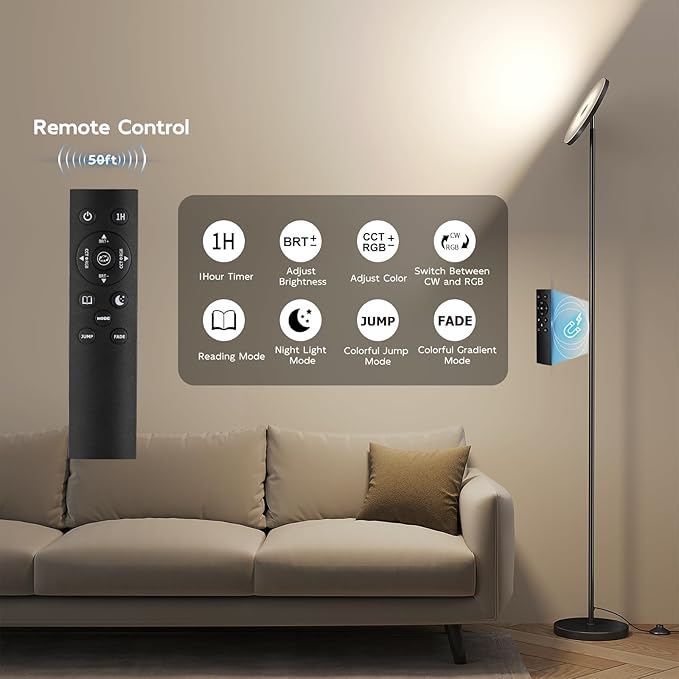 SUNMORY Smart RGB Floor Lamps for Living Room, 32W Bright LED Floor Lamp with APP and Remote Control, Tall Standing Lamp with Stepless Dimmable, Modern Torchiere Corner Lamp for Bedroom, Gaming Room
