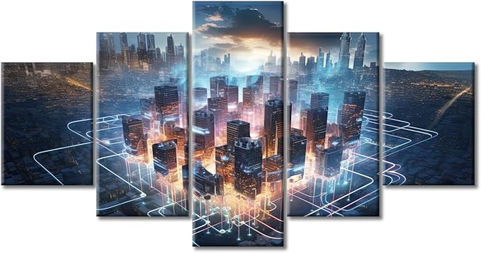 City Smart Brain Canvas Art Wall Decor Human Brain Energy Bedroom Wall Art Artificial Intelligence Concept Pictures Wall Painting for Living Room Modern Wall Art Framed Ready to Hang (60"Wx32"H)