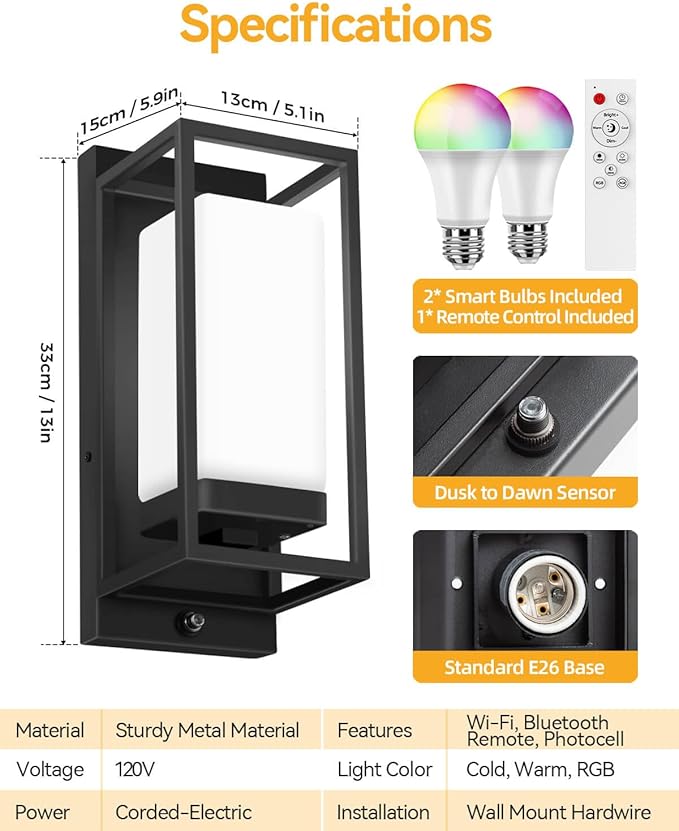 RAYVO Smart Outdoor Wall Light, RGB Color Changing Sconce with App & Voice Control, Dusk to Dawn Outdoor Lighting, Adjustable 2700K–6500K, Waterproof Exterior Light Fixture for House Porch Garage