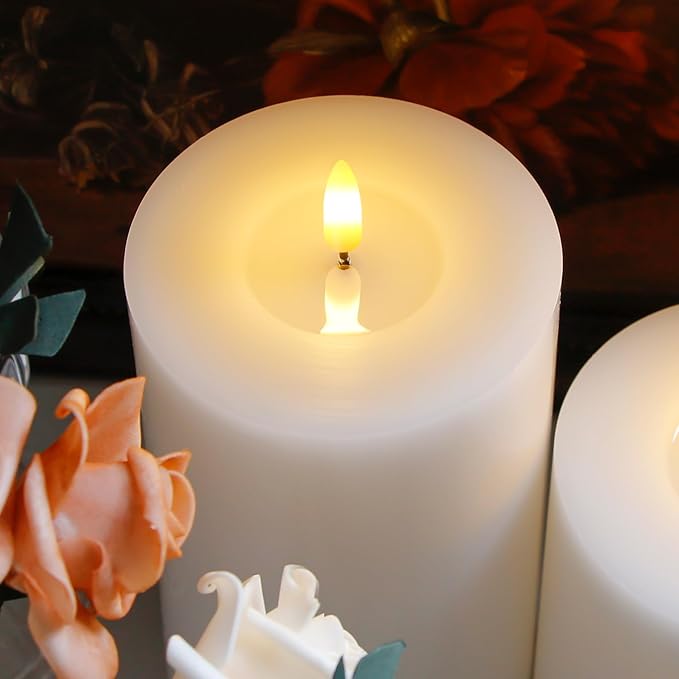 Flameless Flickering 4" x8" Real Wax White Remote Candles with Candle Grease, Pack of 2 Timer LED Battery Operated Fake Warm Light Pillar Candles for Home, Banquet, Ceremony Decoration