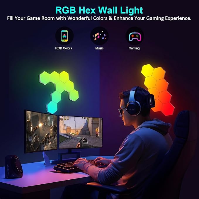 Hexagon LED Lights 20 Pack - RGB Wall Panels with Music Sync, Smart App & Remote Control, DIY Modular Hex Light for Gaming Room, Bedroom, Living Room, Wall Decor