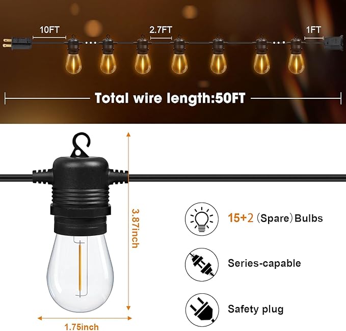 Outdoor String Lights Waterproof, 50ft Patio String Ligths for Outside with 17 (2 Spare) Replaceable E12 Bulbs Shatterproof, 2700K Warm White Great for Balcony, Gazebo, Yard, Porch