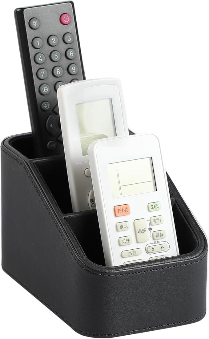 PU Leather Remote Control Holder, Small Desk Organizer Office Supply Bedside Caddy for Nightstand End Table Couch, Pen Remote Organizer with 3 Compartments (Black)