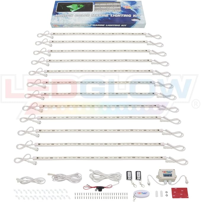 LEDGlow 12pc Million Color LED Boat Marine Deck & Cabin Accent Lighting Kit - 20" Waterproof Flexible Light Strips - Screw Cap Connectors with O-Rings - Includes Control Box & Wireless Remote