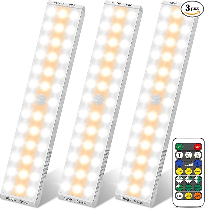 BLS LED Closet Lights, 38 LED Wireless Under Cabinet Lighting Battery Operated Lights with Remote, 1500mah Battery Powered Lights, USB Rechargeable Motion Sensor Light Indoor, Dimmable 3 Colors 3 Pack