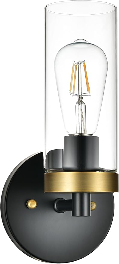 1-Light Wall Sconce Hardwired Satin Brass and Black Bathroom Vanity Light Fixtures Over Mirror, Black and Gold Indoor Sconces Vanity Wall Lights for Bathroom Bedroom Living Room Hallway