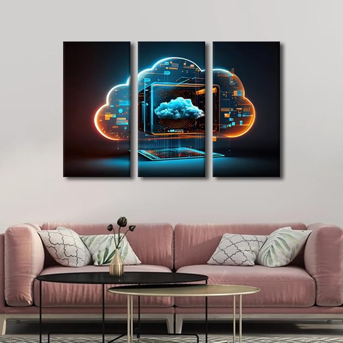 3 Panels Framed Wall Art Digital Informational Technology Wall Art Web Futuristic Hologram With Cloud Picture Prints on Canvas Artwork for Office Home Decorations Ready to Hang, 36" Wx24 H