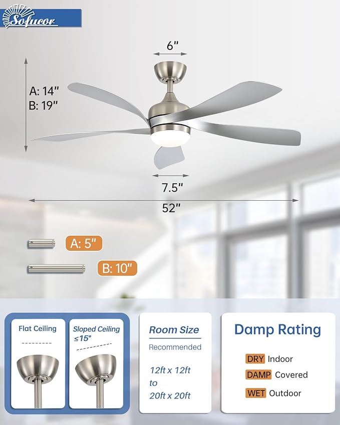 Sofucor 52 Inch Ceiling Fans with Lights and Remote, Outdoor Ceiling Fan with Light 6-Speed 3 CCT 3-Timer, Modern Low Profile Ceiling Fan 5 Blade Reversible DC Motor for Living Room Bedroom Patio