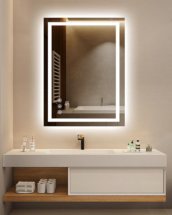 oneup 24x32'' LED Bathroom Mirror,Lighted Bathroom Mirror with Lights,Dimmable 3 Colors Temperature,Anti-Fog,Modern Vanity Mirrors for Wall,Touch Screen,Memory, Shatterproof