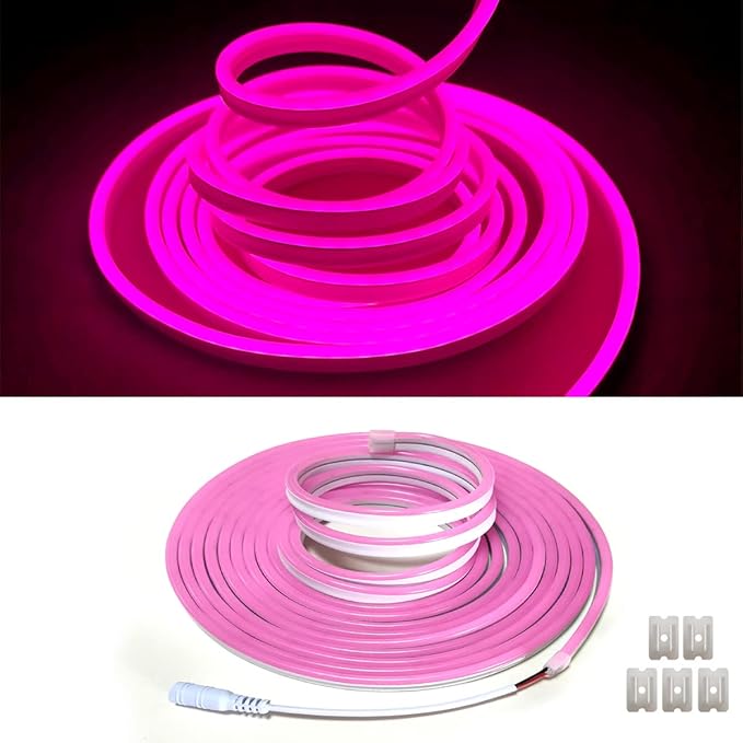 Pink Neon LED Strip Light, 16.4ft/5M Flexible Rope Light - 12V DC, 600 LEDs, Waterproof for Indoor & Outdoor Home Decor (Include Power Adapter)