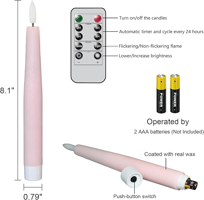Pink Flameless Taper Candles, Spring LED Flickering Taper Candles Battery Operated with Remote Timer, 4 Pcs Flameless Candlesticks for Spring Wedding Home Decorations(D0.78” x H8.1”)