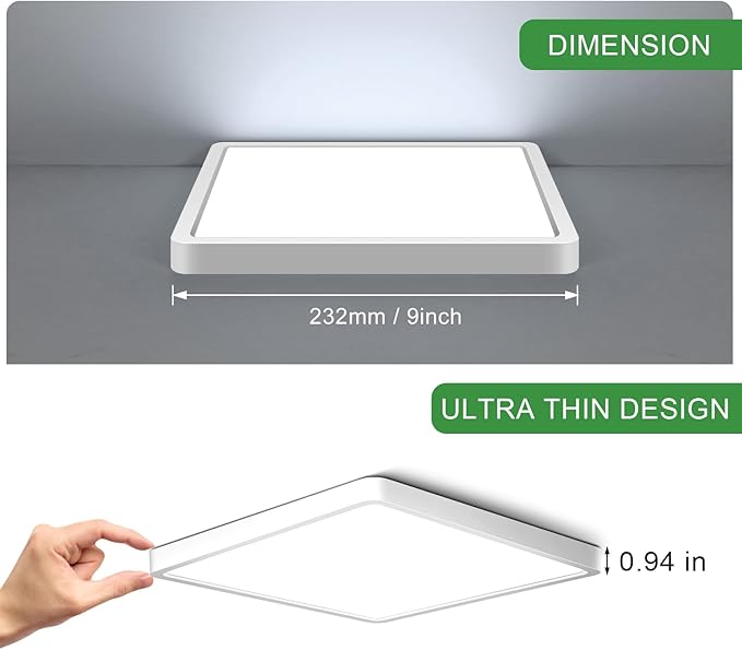 LightingWill 9Inch 18W Square LED Ceiling Light Fixtures, Flush Mount, Modern, White, 6000K Cold White, 1800LM, Kitchen, Bathroom, Bedroom