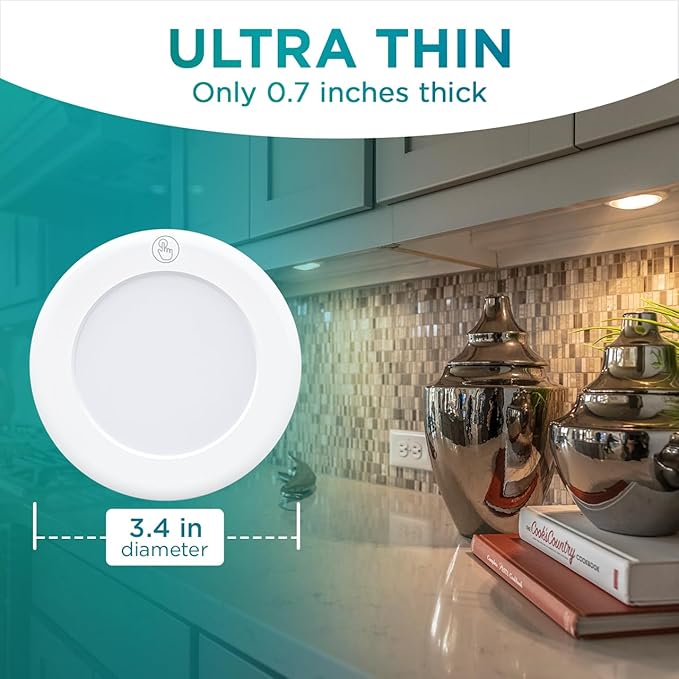 Brilliant Evolution Ultra Thin Wireless LED Touch Lights - Battery Operated Under Cabinet Lighting - Round Puck Lights for Closet, Countertop - Stick On Push Light for Home Decor - Pack of 2