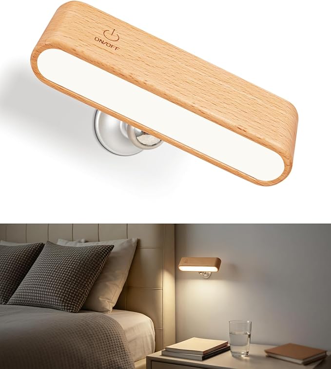 Wood LED Wall Sconce, Magnetic 360° Rotatable Wall Mounted Night Light & Reading Light, Small Rechargeable Battery Powered Bedside Wall Lamp for Bedroom, Living Room, Beech Wood