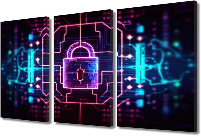 TUMOVO 3 Panels Canvas Print Art Set Padlock on Technological Circuit Background with Neon Lights, Cyber Security Concept Artwork for Home Office Hotel Decoration, Ready to Hang, 36" Wx24 H