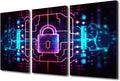 TUMOVO 3 Panels Canvas Print Art Set Padlock on Technological Circuit Background with Neon Lights, Cyber Security Concept Artwork for Home Office Hotel Decoration, Ready to Hang, 36" Wx24 H