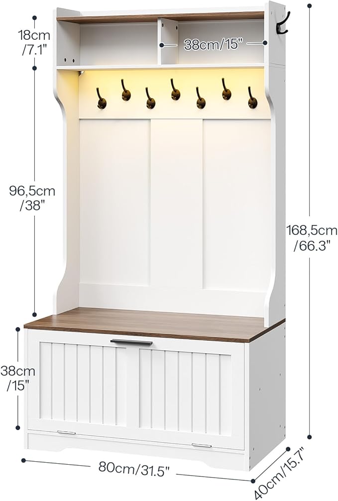 HOOBRO Hall Tree with Bench, 15.7''W Entryway Bench with Coat Rack, Shoe Cabinet with Flip Drawer, LED Hall Tree with 9 Hooks and 2 Open Compartments, Wooden, for Hallway, White and Walnut WH86DMT01