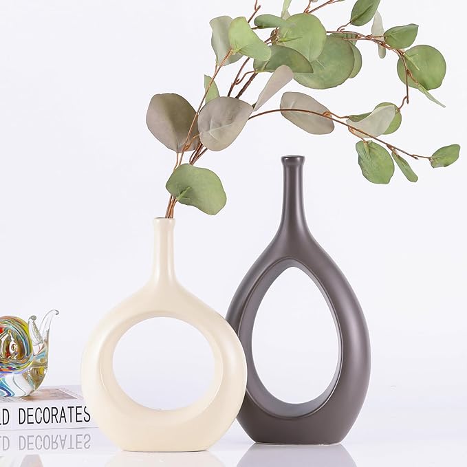 Brown White Vase Ceramic Off White Vases Home Decor,Modern Minimalist Circle with Hole Decorative Vase, Hollow Ellipse Flower vases for Bookshelf, Fireplace Mantle, Centerpieces,Farmhouse,Rustic Décor