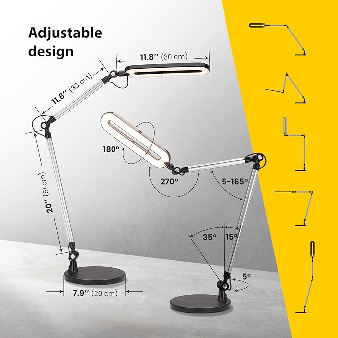 OTUS LED Architect Desk Lamp for Home Office with Wireless Charger, Adjustable Swing Arm, 32 in Tall, 11.8 in Panel, 3 Color Modes, 12 Dimmable Levels, Eye-Caring for Reading, Study, Video Calls