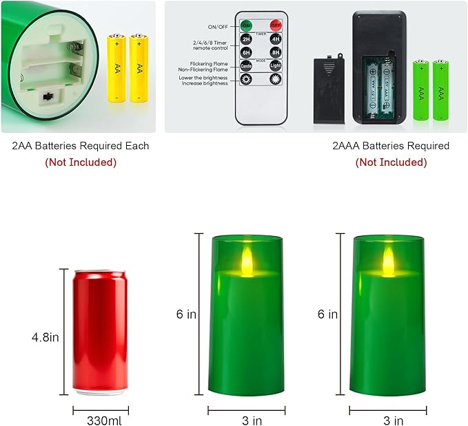 Raycare St. Patrick's Day Flameless Electronic Pillar Candles with Remote Control and Timer- Battery Operated Realistic Flickering LED Fake Candle for Home, Wedding Decor,Green,Set of 2(3"x6"6")