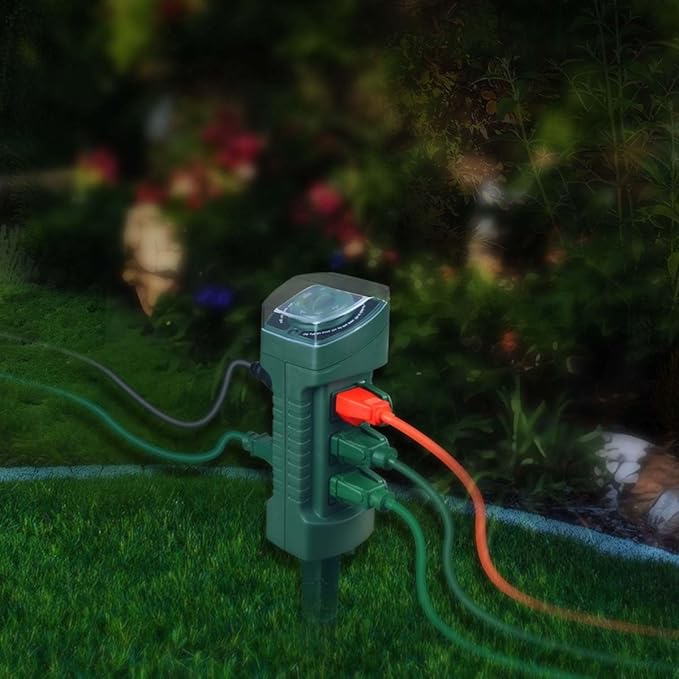 Outdoor Power Stake with Photocell Timer 2/4/6/8 Hour Countdown, Dusk to Dawn, 6 Grounded Outlets 6FT Cord, UL Listed, Green