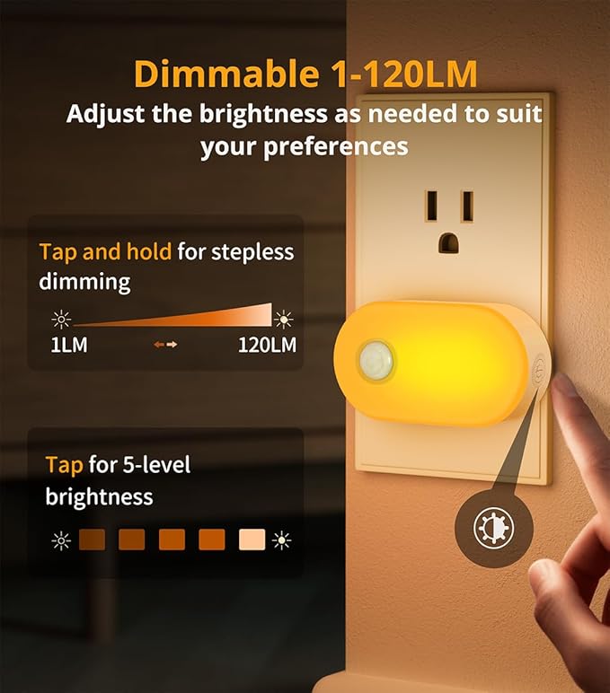 Lyridz 120LM Ultra Bright Plug-in Motion Sensor Night Light, Stepless Dimmable LED Nightlight, Always-On and Auto-Off, for Hallway, Stairs, Bathroom, Bedroom, Garage, Amber (2-Pack)