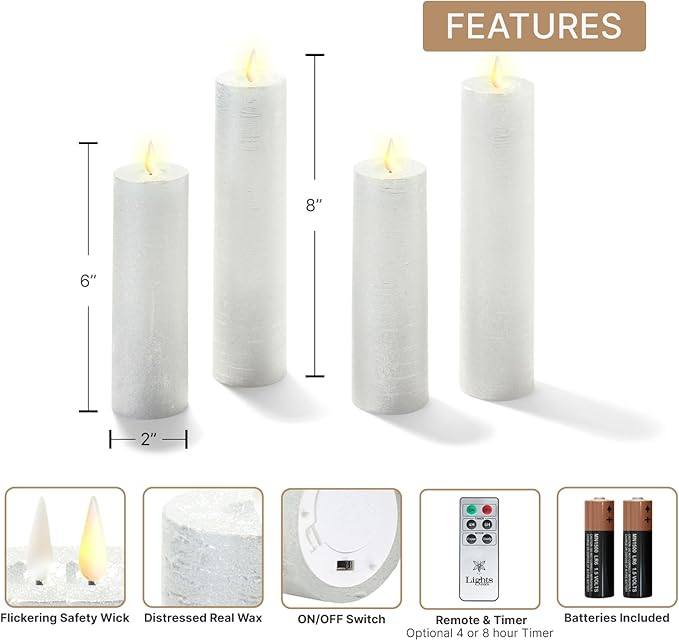 LampLust Flickering Flameless Candles, Set of 4 Silver Pillar Candles, Battery Operated, Romantic Candles, Great for Proposal Decorations, Wedding Centerpieces, Enchanted Forest Decorations