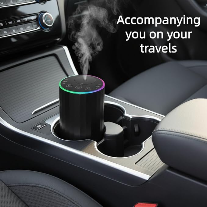 Waterless Essential Oil Diffuser, 7 Colors LED Light, Battery Powered Mini Scent Air Machine, Aromatherapy Mist Diffuser for Home Room Car Office，Black Aluminum Alloy (Black)