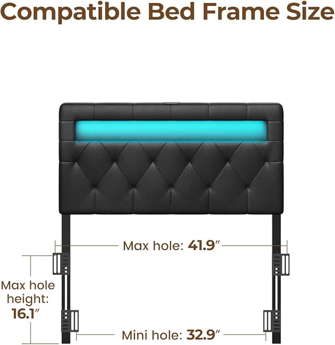 GREENSTELL Headboard for Twin Size Bed with 60,000 DIY Color of LED Light, USB & Type C Post, Attach Frame, Height Adjustable, Black Wall Mounted Head Boards Only, Sturdy & Stable, Comfortable, Twin