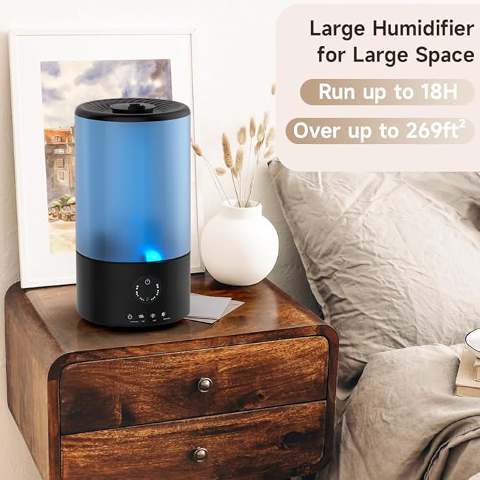 Humidifiers for Bedroom, 3.2L Quiet Ultrasonic Cool Mist Humidifier with 360° Nozzle, 18H Runtime, Timer (1/2/4/8H), Auto Shut-Off, 7-Color RGB Light, Adjustable Mist, for Home, Nursery & Plants