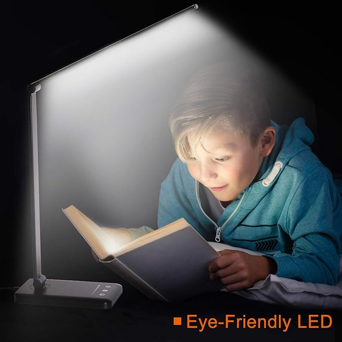 LED Desk Lamp,Eye-Caring Table Lamps,Stepless Dimmable Office Lamp with USB Charging Port,Touch/Memory/Timer Function,25 Brightness Lighting,Foldable Lamp for Reading,Studying,Working