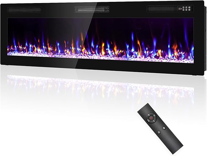 2025Upgraded 60” Recessed and Wall Mounted Electric Fireplace, The Thinnest Narrow Beleze Fire Places with Remote Control, Screen Control,Adjustable Flame Colors and Speed