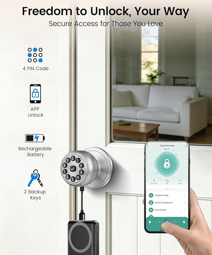 Fingerprint Door Lock, Smart Fingerprint Door Knob with Lock, Biometric Door knob with App Control & Key, Keyless Thumbprint Entry Door Lock for Bedroom, Front Door, Home, Apartment-Polished Silver