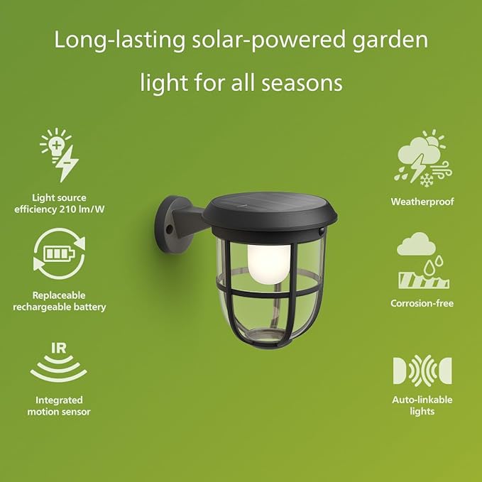 Philips Solar LED 1-Pack Ultra-Efficient Wall Lantern - Radii, Dusk to Dawn, Automatically Linkable, Daylight and Motion Sensor, 3000K Bright White Light, IP44, Black